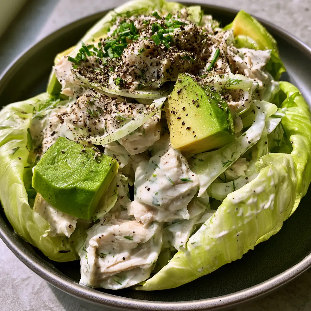 Keto Chicken Salad Recipe with Avocado and Fresh Dill 1 Translucent celery and fresh dill flecks scattered over a creamy white keto chicken salad. (keto chicken salad recipe)