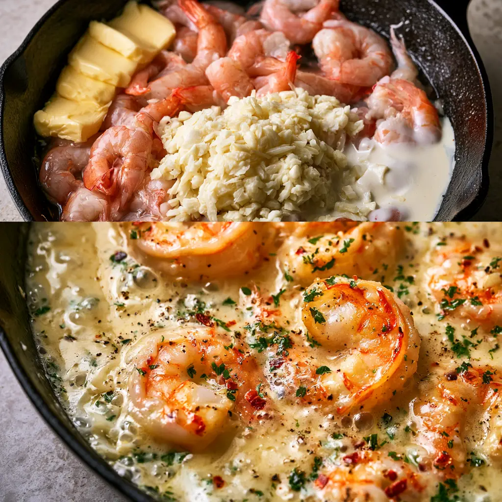 Split screen view: top shows raw jumbo shrimp and fresh garlic; bottom shows finished Creamy Garlic Shrimp with golden edges in a velvety sauce.