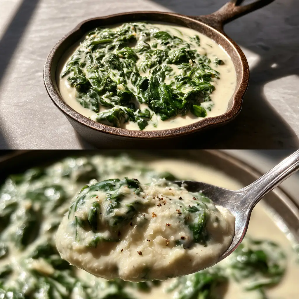 Extreme macro close-up of a silver spoon lifting a dollop of thick creamy spinach.