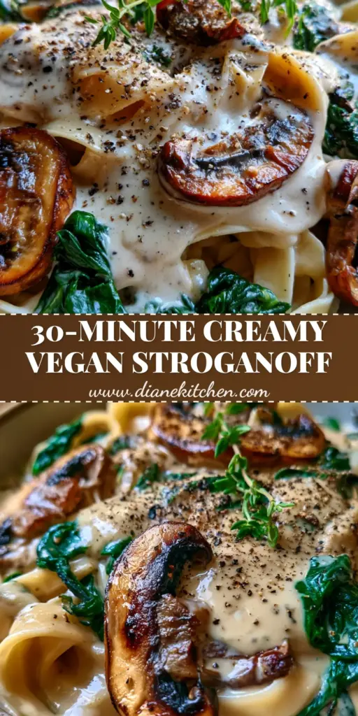 A close-up of Vegan Mushroom Spinach Stroganoff featuring wide al dente pasta ribbons in a glistening ivory sauce with seared cremini mushrooms and fresh thyme.
