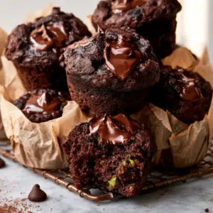 Macro view of dark chocolate muffin batter with pools of melted semi-sweet chocolate. (chocolate zucchini muffins)