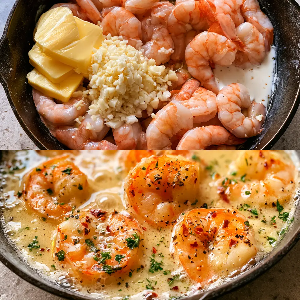 A 45-degree angle close-up of simmering Creamy Garlic Shrimp in a pale-gold sauce with visible bubbles and cracked black pepper.