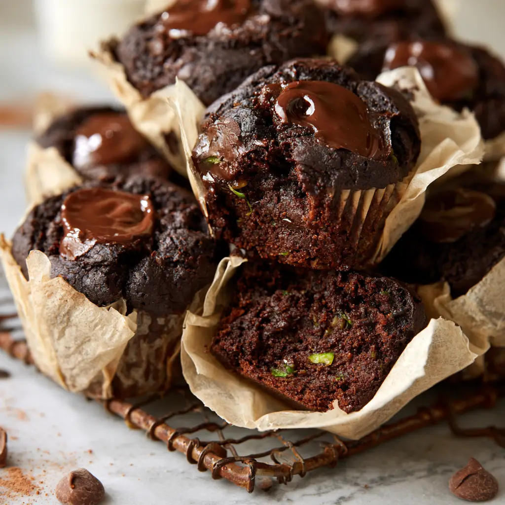 Chocolate Zucchini Muffins: The Ultimate Ultra-Moist Fudgy Recipe 1 A broken open chocolate zucchini muffin showing a steaming moist interior with green zucchini flecks.