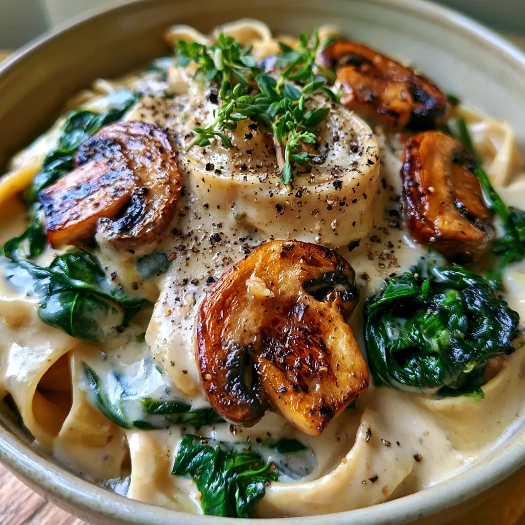 Macro photo of Vegan Mushroom Spinach Stroganoff showing the thick velvety ivory cream sauce and dark green wilted spinach.