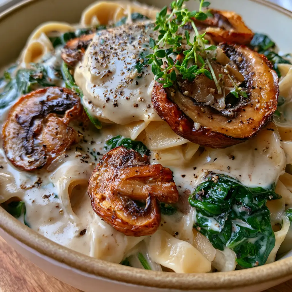 Golden-brown seared cremini mushrooms mixed with wide pasta ribbons and fresh thyme in a Vegan Mushroom Spinach Stroganoff.
