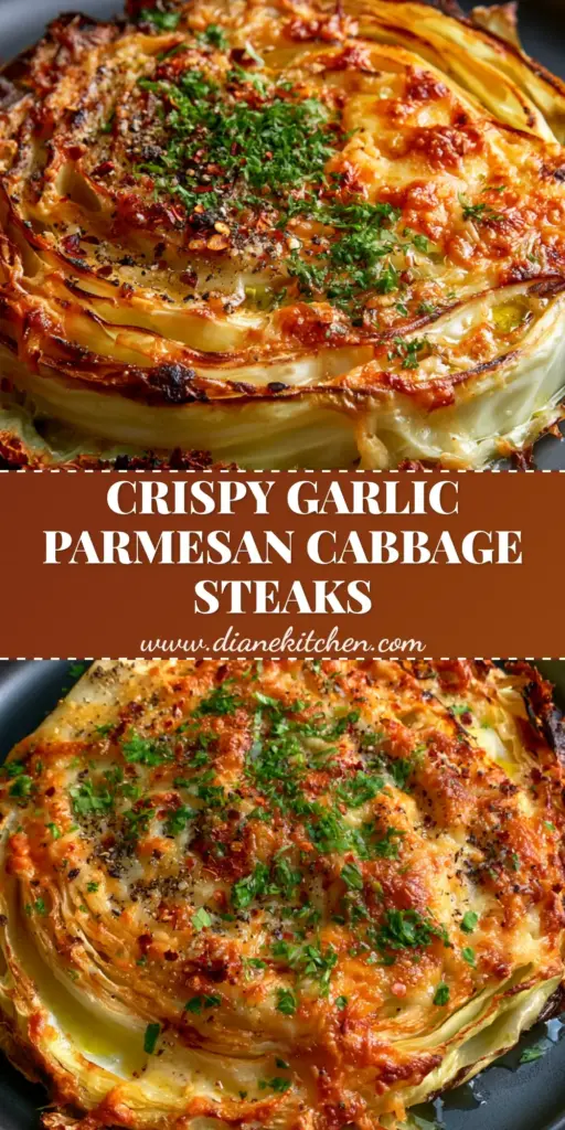 Cabbage Steaks with Crispy Garlic Parmesan Crust 3 A close-up vertical shot of thick-cut cabbage steaks with charred edges and a toasted parmesan crust on a matte black plate.