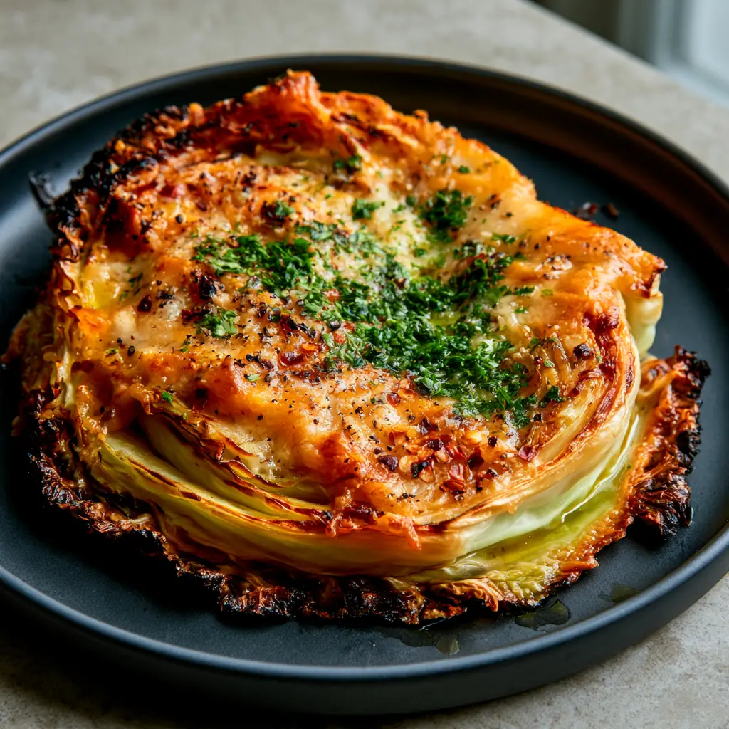 Cabbage Steaks with Crispy Garlic Parmesan Crust 1 Overhead shot of seasoned cabbage steaks on a matte black ceramic plate garnished with parsley and red pepper flakes.