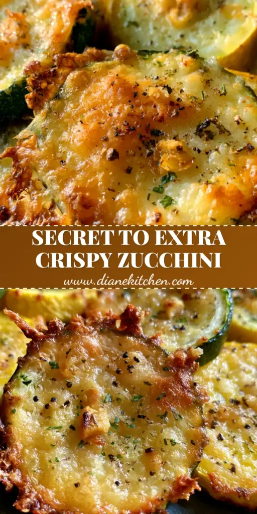 A vertical shot showing golden-brown Oven Roasted Zucchini and Squash with a bubbly parmesan crust on a dark sheet pan.