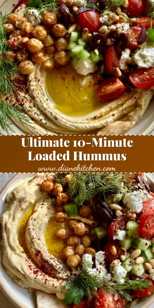 Loaded Hummus: The Ultimate Creamy Mediterranean Appetizer 3 A shallow wide artisanal ceramic bowl filled with ultra-smooth Loaded Hummus featuring sculptural swirls, crispy chickpeas, tomatoes, cucumbers, and feta cheese on a linen tabletop.