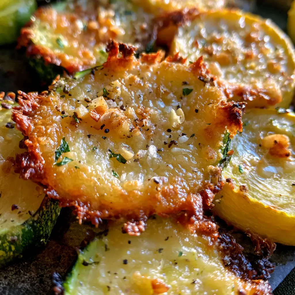 Extreme close-up of Oven Roasted Zucchini and Squash rounds showing toasted parmesan cheese and charred edges.