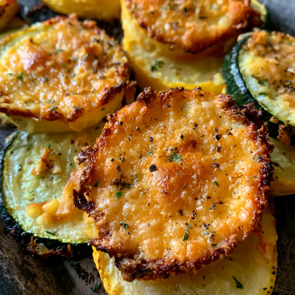 Detailed macro view of Oven Roasted Zucchini and Squash with roasted garlic bits and cracked black pepper.