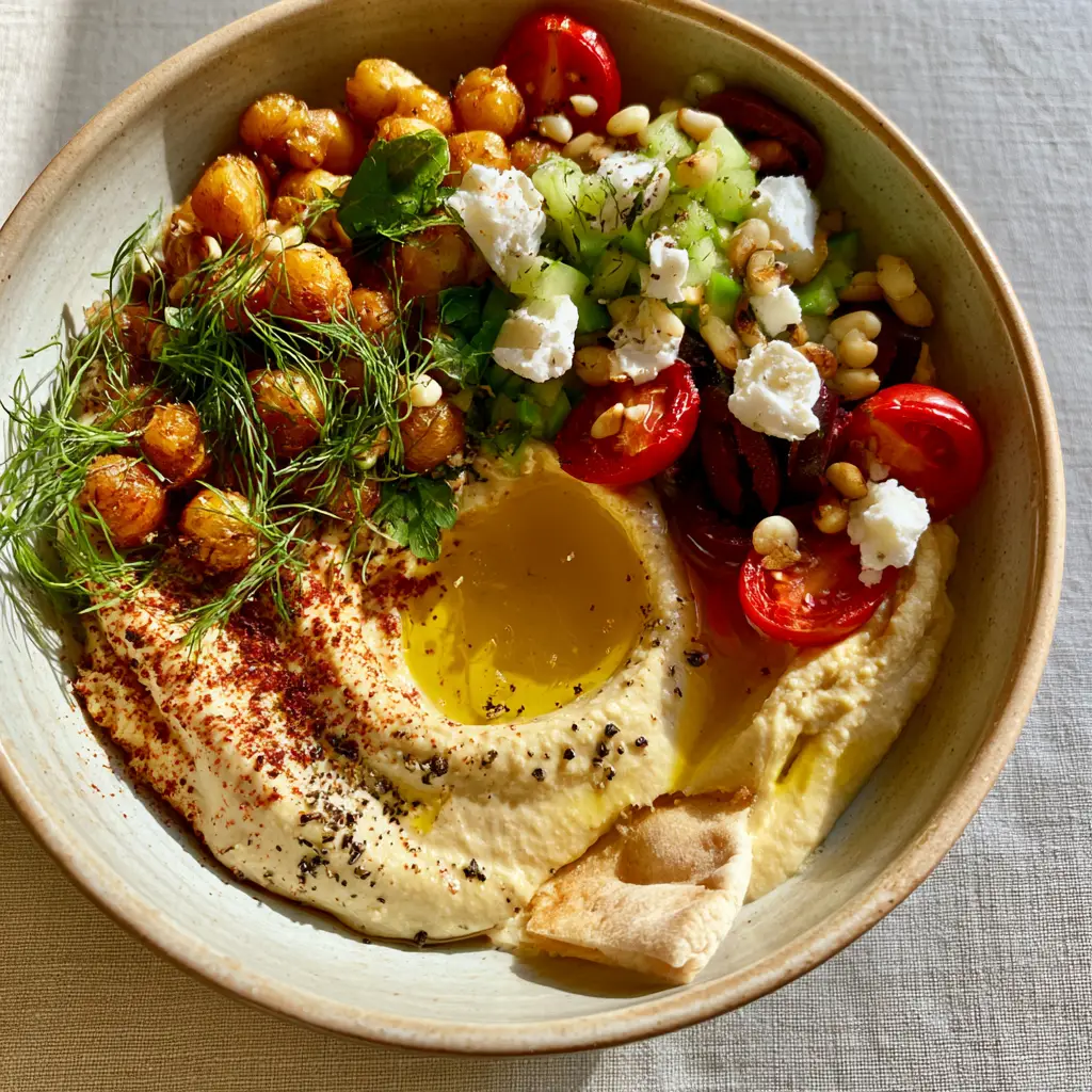 Close-up of Loaded Hummus swirls with golden extra virgin olive oil and vibrant green herbs in natural morning light.