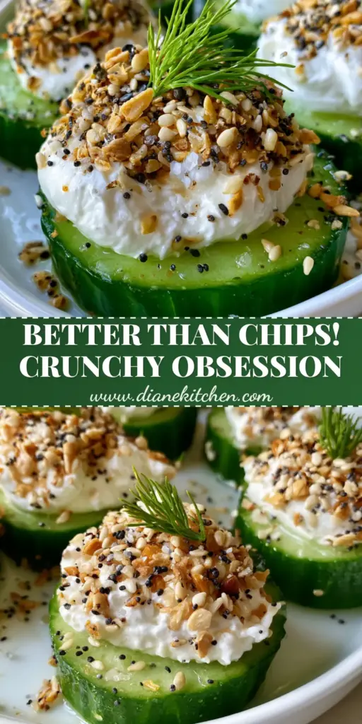 Extreme close-up of crunchy cucumber bites on a white platter featuring thick cucumber rounds, whipped cream cheese, and everything bagel seasoning.