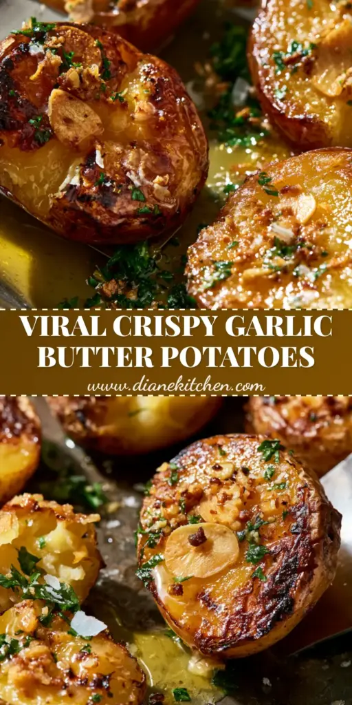 Halved Yukon Gold potatoes with extra-crispy edges and a garlic butter glaze on a dark pan (easy potato recipe).
