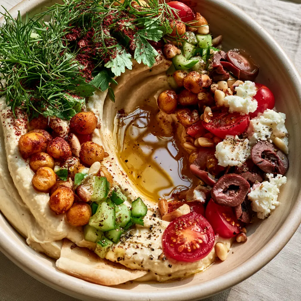 Loaded Hummus: The Ultimate Creamy Mediterranean Appetizer 1 Overhead view of Loaded Hummus topped with crispy chickpeas, feta, and sumac, served with a single pita chip.