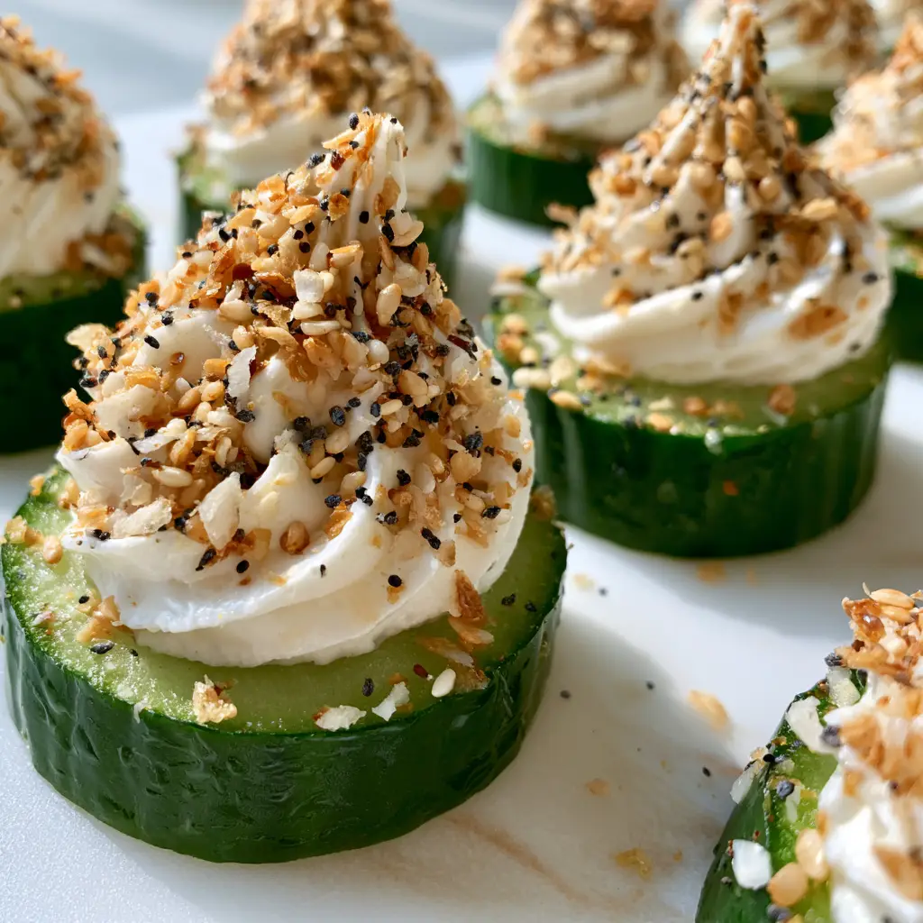 Everything Bagel Cucumber Bites: The Ultimate Low Carb Appetizer 1 Everything bagel cucumber bites featuring sesame seeds and poppy seeds on a bright white background.