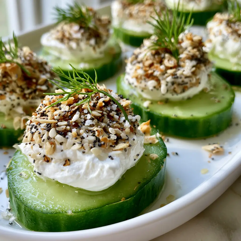 Top view of a platter of Cucumber bites with visible moisture droplets and fresh dill sprigs on a marble countertop.