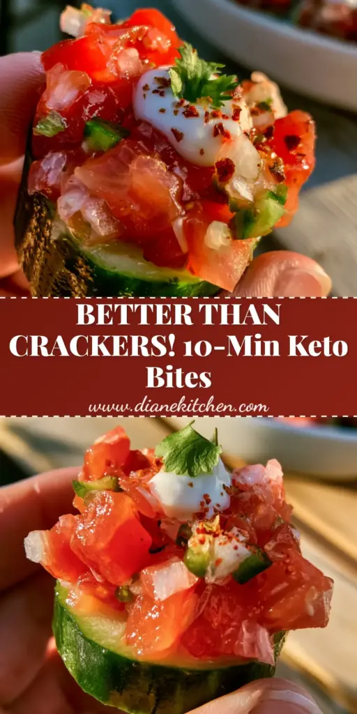 A Pinterest-optimized vertical image showing a hand holding one of the cucumber salsa bites, featuring a thick cucumber base, vibrant red tomato salsa, a creamy white yogurt dollop, and Tajin seasoning.