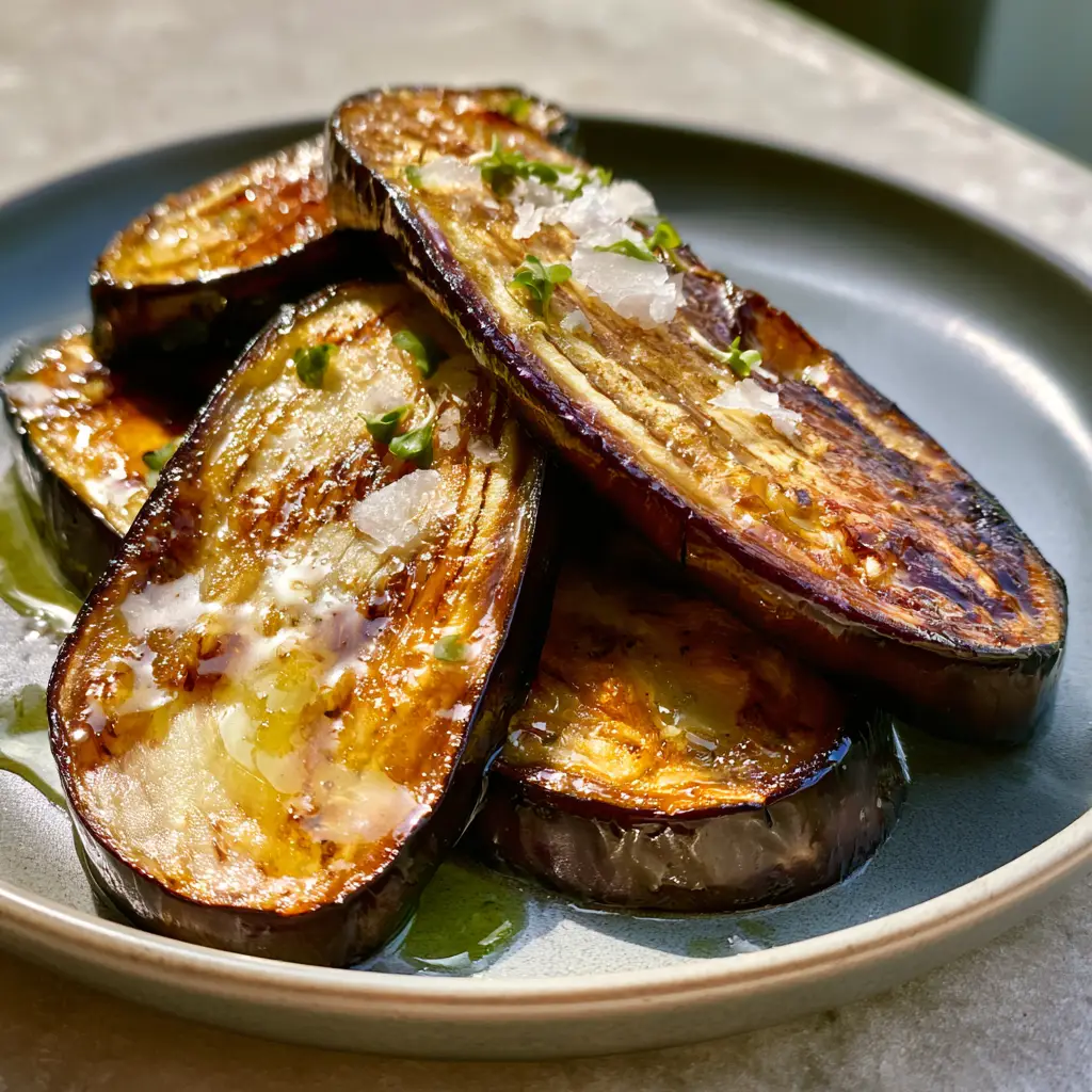 Close up of seared eggplant rounds with golden edges and creamy white interior. (Eggplant Violetta Lunga seeds)