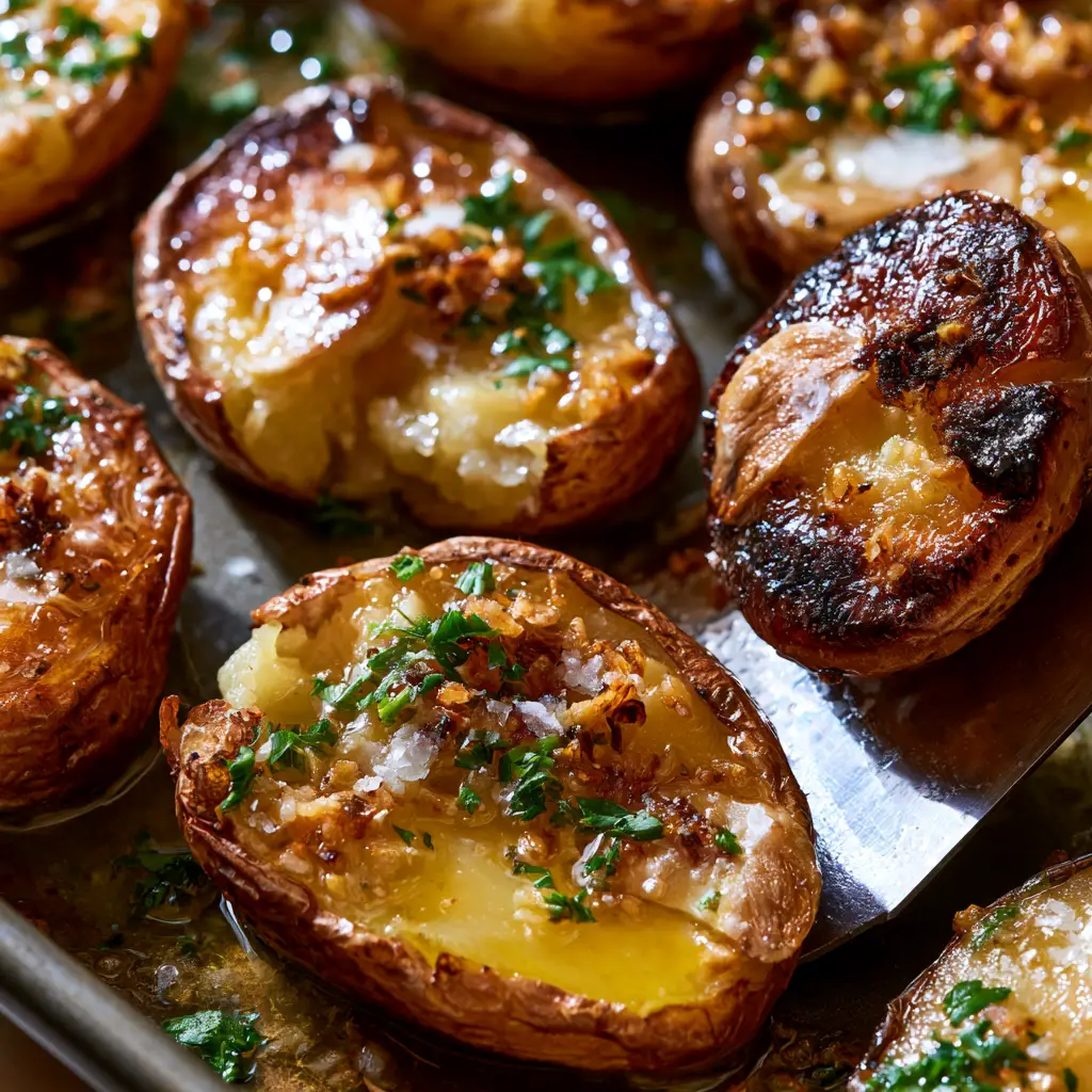 Macro shot of blistered skins and fluffy potato interiors with parsley garnish (easy potato recipe).