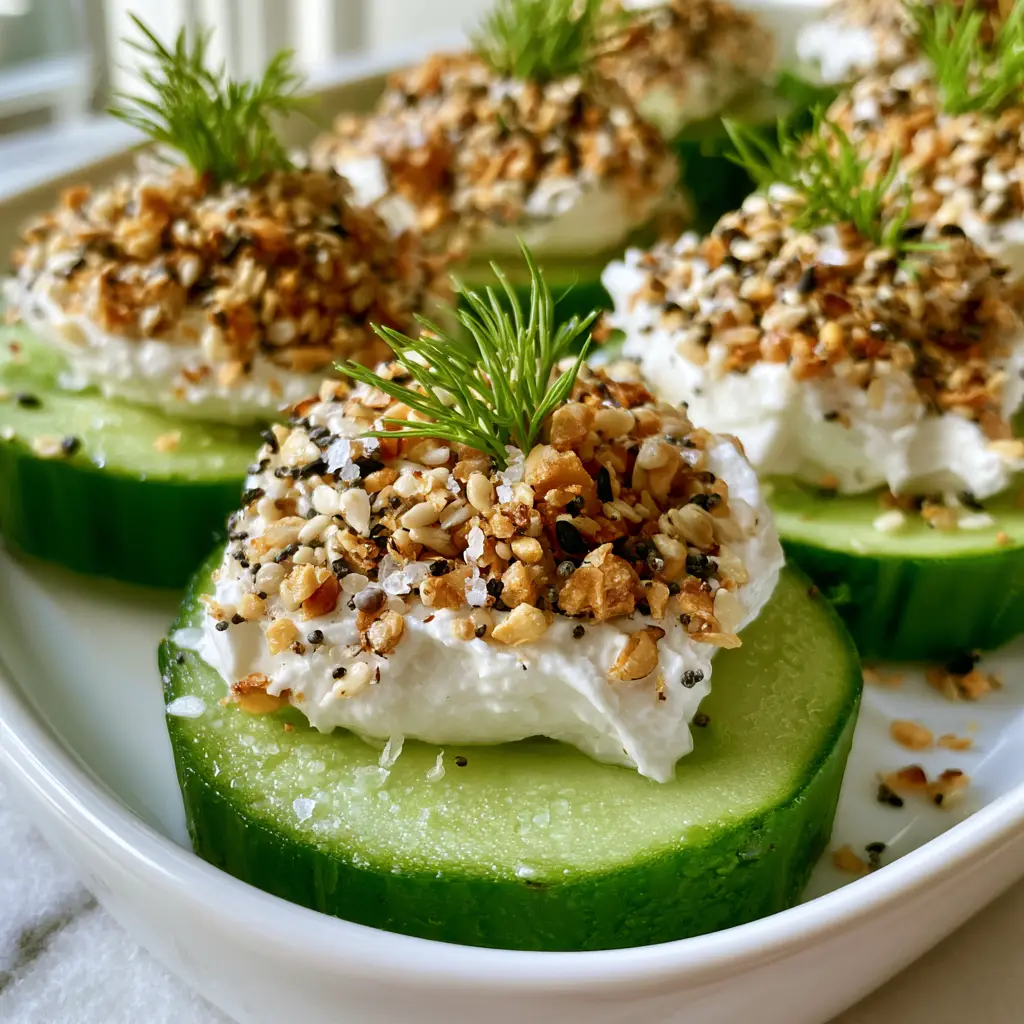 Close up shot of the textured whipped cream cheese and heavy seasoning on a single cucumber bite.