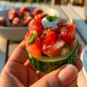 A POV smartphone shot of a single cucumber salsa bite held in a hand, showcasing the glossy diced tomatoes and precise lime yogurt dollop. (cucumber salsa bites)