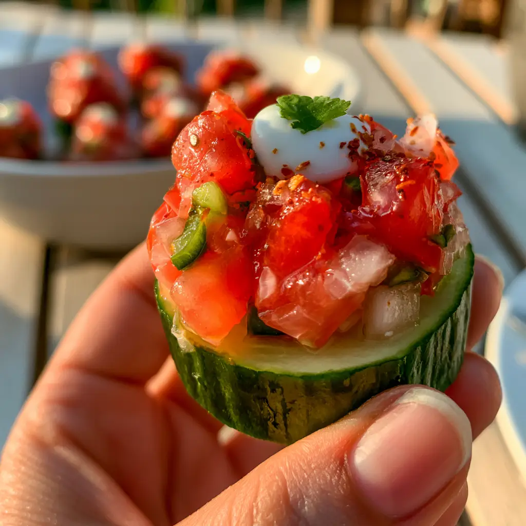A POV smartphone shot of a single cucumber salsa bite held in a hand, showcasing the glossy diced tomatoes and precise lime yogurt dollop. (cucumber salsa bites)