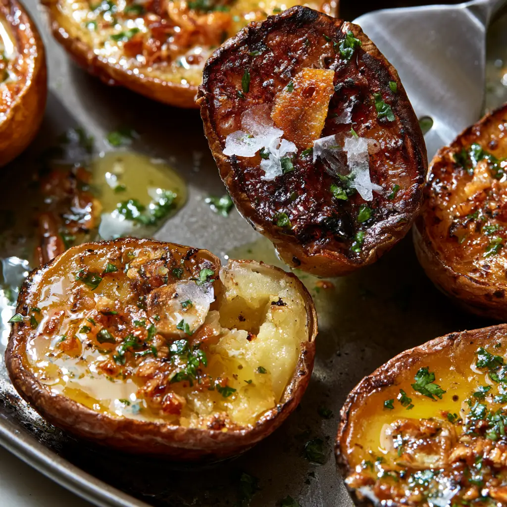 Close up of crispy toasted minced garlic and melted butter pooling in roasted potato crevices.