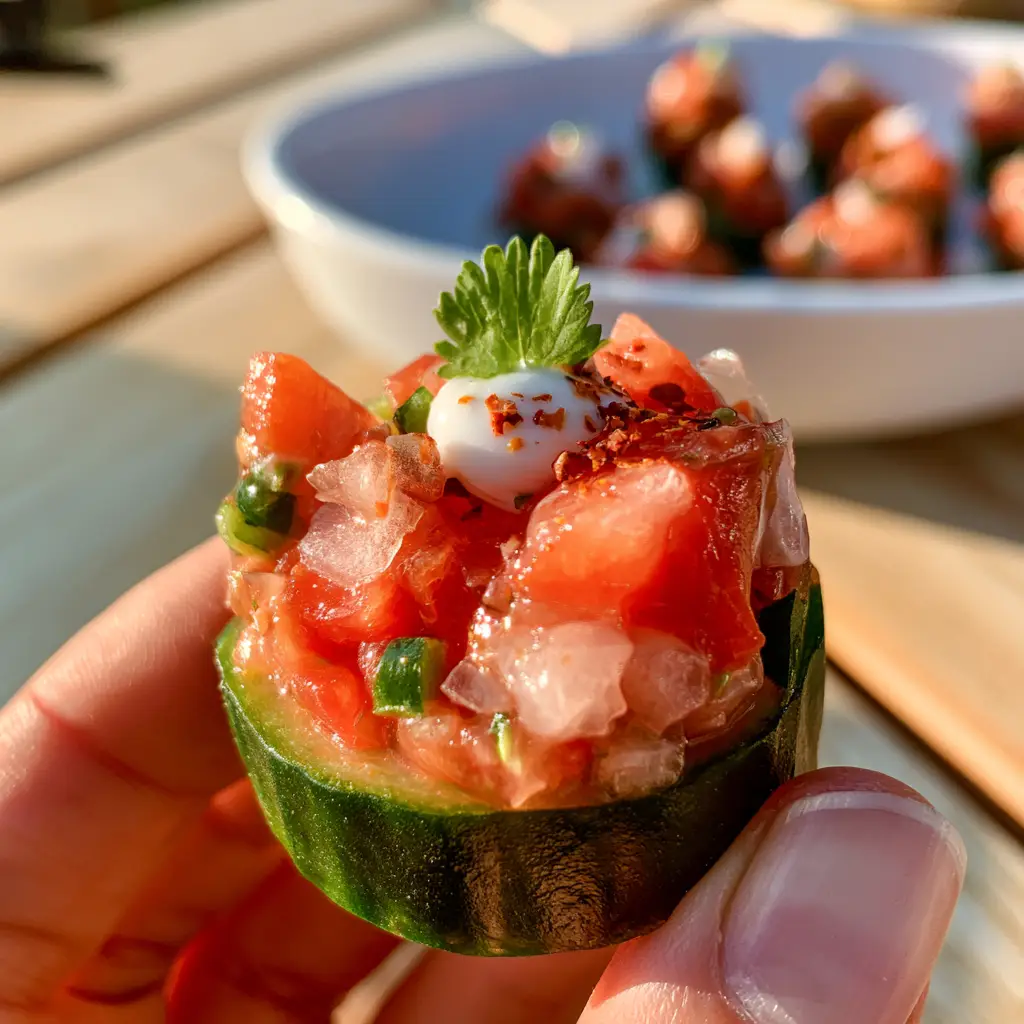 A top-down view of a handheld cucumber salsa bite with micro-cilantro and red tajin seasoning flakes on a sun-drenched wooden table.