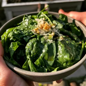 Close up of person's hands holding a bowl of freshly harvested Merlo Nero spinach leaves with dew drops. (Merlo Nero spinach seeds)