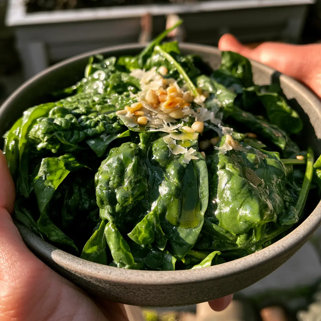 Close up of person's hands holding a bowl of freshly harvested Merlo Nero spinach leaves with dew drops. (Merlo Nero spinach seeds)