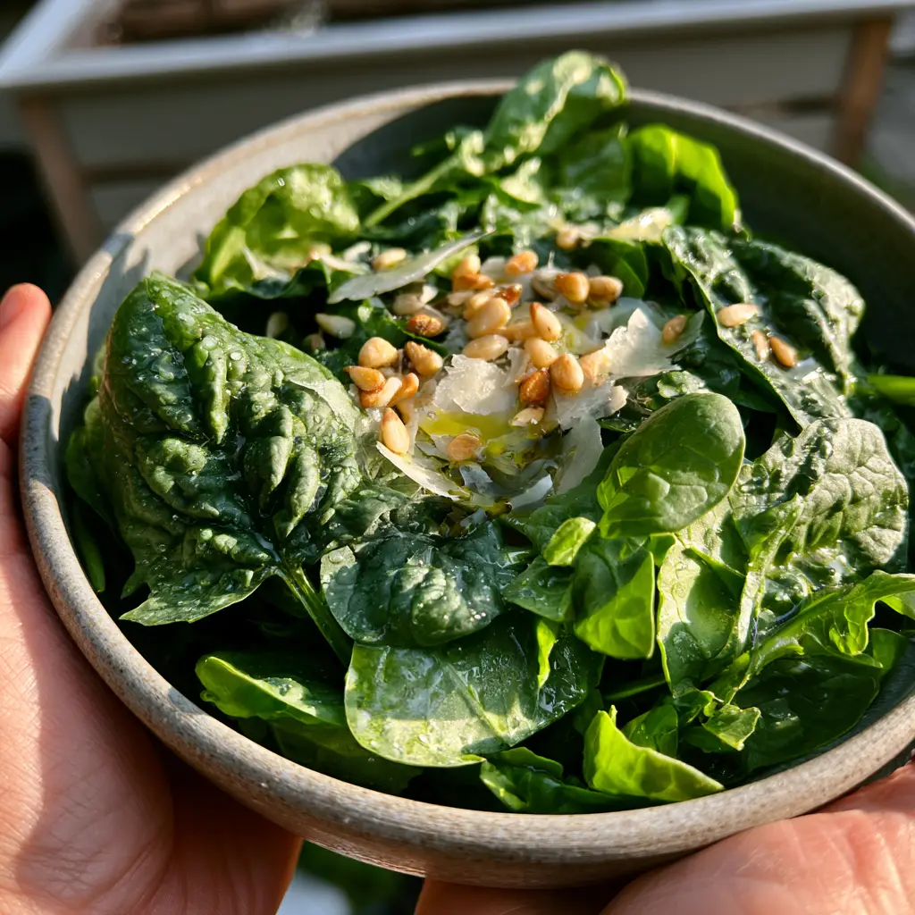 Merlo Nero Spinach Seeds: The Ultimate Harvest Savoy Salad 1 Overhead view of a rustic ceramic bowl with moody emerald green savoy spinach, golden pine nuts, and olive oil drizzle.