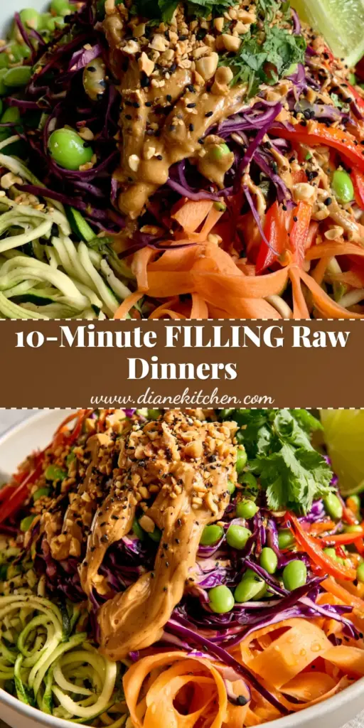 raw food recipes for beginners: Vibrant Rainbow Buddha Bowl 3 A vibrant overhead view of a raw vegan Buddha bowl with spiralized zucchini and purple cabbage (raw food recipes for beginners)