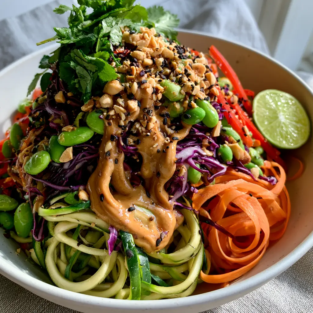 raw food recipes for beginners: Vibrant Rainbow Buddha Bowl 1 Thick velvety nut sauce drizzled over a textured mountain of purple cabbage and edamame.